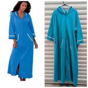 Dreams & Co. Teal Blue 3/4 Sleeve Hooded French Terry Robe Plus Size 1X (18/20)